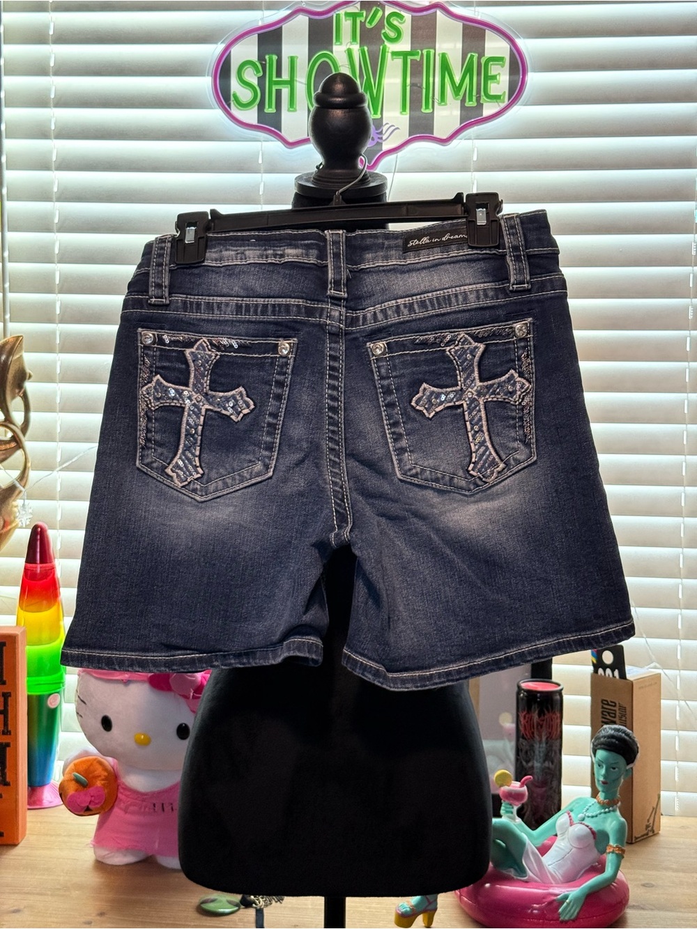 Embellished Dark Blue Denim Jean Shorts with rhinestone Cross Pockets